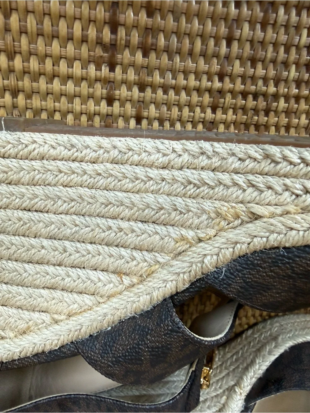 Michael Kors Dark Brown Signature Canvas Espadrille Wedge Sandals with Gold Zip